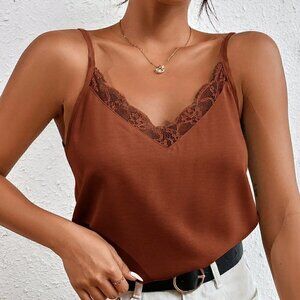 Brown Boho Womens Contrast Lace Cami Top